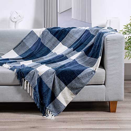 RECYCO Buffalo Plaid Chenille Throw Blanket, 50"x60", Navy Off White - color: Plaid Navy Off White, size: 50'' X 60''