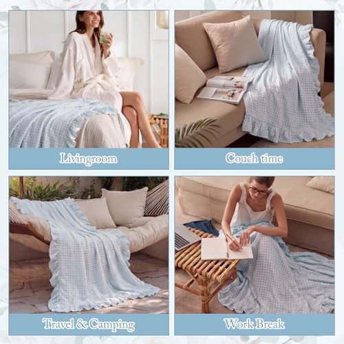100% Cotton Blue Gingham Muslin Throw Blanket 6 Layers Ruffled - color: Blue