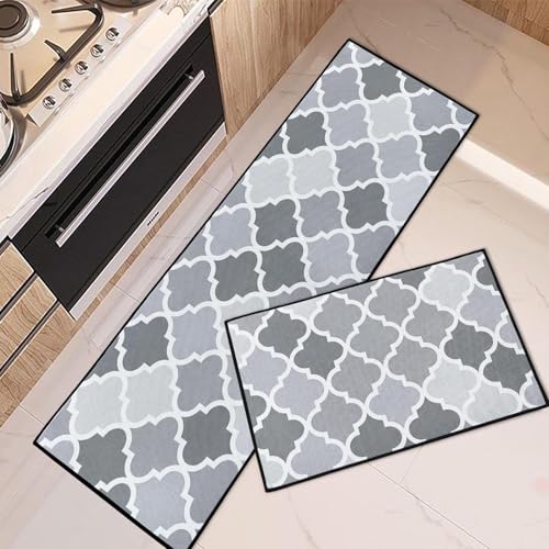 Kitchen Rugs Set of 2 Non Slip WashableGeometric Moroccan - color: Gray Quatrefoil