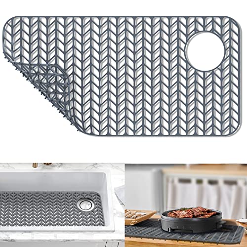 AWOKE Sink Protectors for Kitchen Sink,Kitchen Sink Protector Mat - 28.6" x 14.5" Heat-Resistant Silicone Folding Non-Slip Mat for Stainless Steel Sink with Right Drain (Grey) - size: 28.6 x 14.5 inches