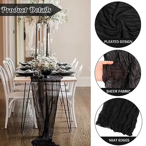 Black 10FT Cheesecloth Table Runner Boho Gauze Fabric Table Runner Rustic Sheer Runner for Wedding Bridal Baby Shower Birthday Party Boho Table Decor(1 Pack Black) - color: Black, size: 35" x 120"-1 Pack