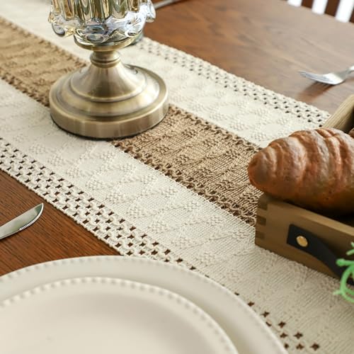 Simple&Opulence Boho Macrame Table Runner - 12 x 60 Inch, Splicing Burlap Farmhouse Cotton Table Runner with Fringed Edges for Bohemian Rustic Wedding, Bridal Shower, Dinner (White & Brown) - size: 12"x60", style: Brown
