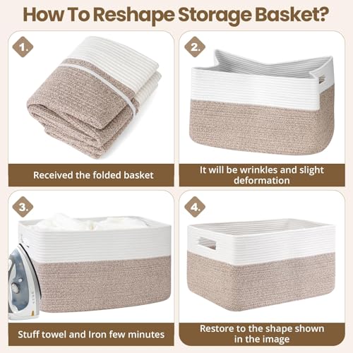Optish 75L Large Woven Blanket Basket, Storage Basket with Handles - color: White & Brown, size: 22" x 17" x 11.5"(75L)