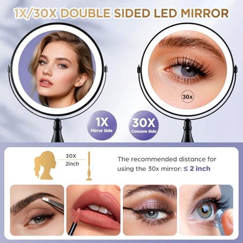 30X Magnifying Mirror with Lights-Matte Black 8" Dual Sided - color: Matte Black