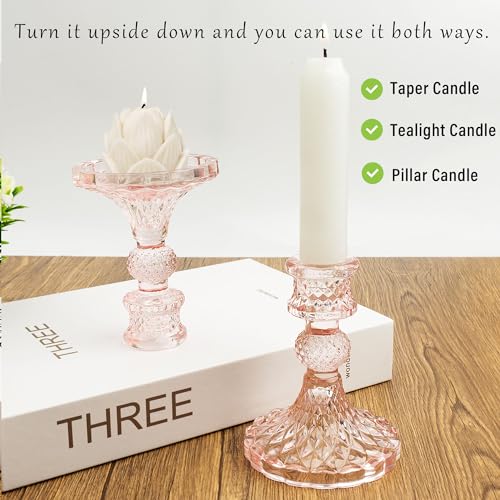 Glass Candlestick Holder Taper and Candle Holder Desktop Decoration for Wedding Dinning Party-3 pcs - color: Pink