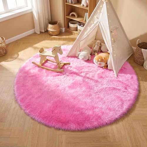 duduta Hot Pink Faux Fur Sheepskin Round Rug 4x4 ft, Fluffy Shag Circle Rug - color: Hot Pink, size: 4' x 4' (Round)