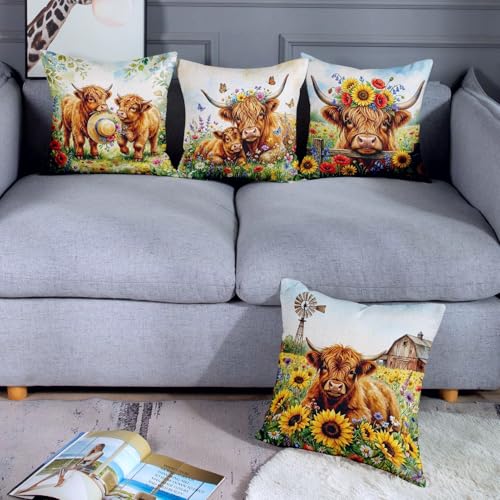 Throw Pillow Covers, Rustic Floral, Set of 4, 18"x18" - color: Highland Cow 3