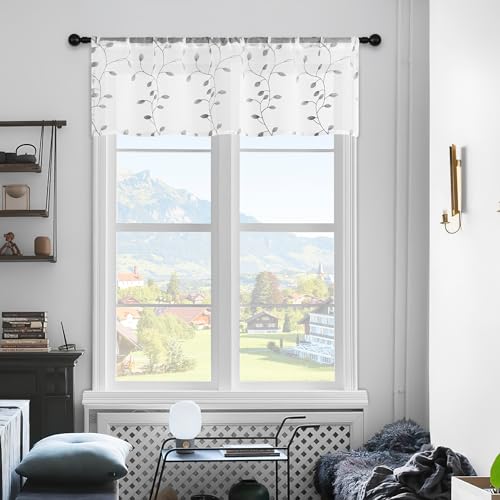 MRTREES Sheer Voile Curtain Valances 2 Panels, Leaves Embroidered Valance Curtains Rod Pocket, Small Sheer Window Curtains Treatment for Bedroom/Living Room/Kitchen/Basement(Grey Leaves, 54x16 Inches) - color: Leaves-grey