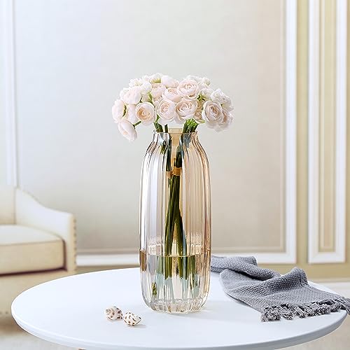 Large Amber Glass Vase for Flowers Brown Tall Glass Vases,H-12.6" Simple Striped Design for Home Floor Decor,Farmhouse Decor, Centerpiece Coffee Table Decorations - color: B Style-amber, size: H-12.0IN