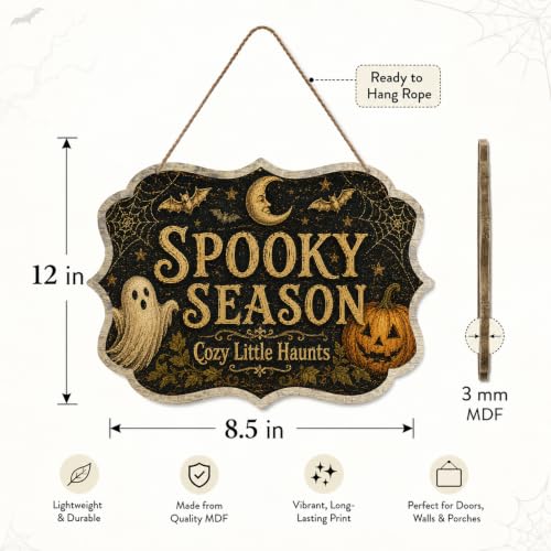 Spooky Season Halloween Hanging Sign With A Rope for Front Door, Rustic Farmhouse Ghost Pumpkin Wall Decor, Vintage Fall Halloween Wooden Door Plaque for Indoor Outdoor Seasonal Decoration(D02) - color: Spooky Season