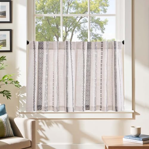 jinchan Liora Black Boho Linen Tier Curtains 24 Inches Back Tab 2 Panels - color: Liora | Black on Linen, size: 26"W x 24"L (Pack of 2)