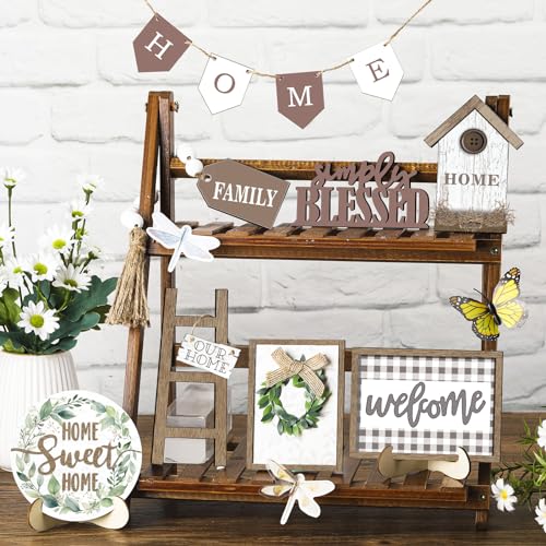 FairySandy 11 Pcs Home Tiered Tray Decor Greenery Rustic Wooden Signs - style: Greenery