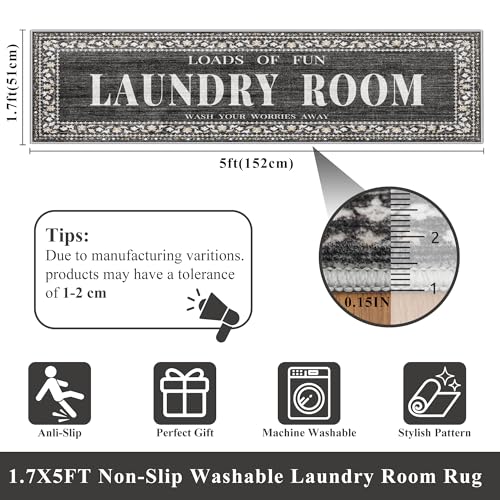 Non-Slip Laundry Room Rug Runner: Washable 20"x60" Rug for Front of Washer & Dryer Area - Vintage Stain Resistant Washroom Mudroom Carpet - Waterproof Soft Farmhouse Home Decor Floor Mat 20"x60" Black - color: Black, size: 1'8" x 5' (Rectangular)