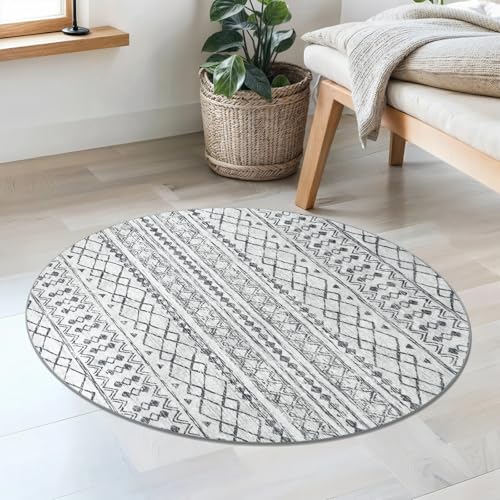 KUTA Boho Geometric Washable Circle Rug 3Ft Grey Moroccan Washable - color: Grey, size: 3' (Round)
