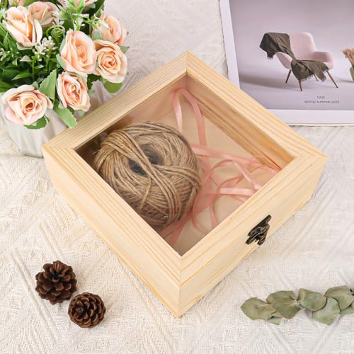 6 Pack Wood Box with Glass Lid, 7.09 x 7.09 x 2.76 inch Wooden Display Box with Hinged Lid for DIY Craft, Collectibles - size: 6 Pack 7.09 x 7.09 x 2.76 inch