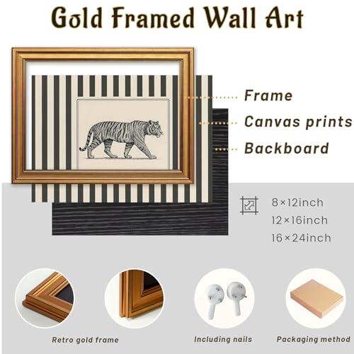 Vintage Gold Framed Tiger Wall Art, Wildlife Pictures Wall Decor, Wild Animal Illustration Striped Canvas Prints Printings, Big Cat Artwork for Living Room Bedroom Office 12x16 Inch - color: Tiger, size: 16"L x 12"W