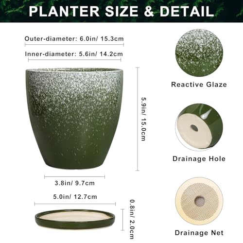 6 Inch Plant Pot - Ceramic Plant Pots with Drainage Hole and Saucer, Ceramic Planter for Indoor Outdoor Plants, Round Modern Planter, Room House Decor, Gifts for Women Men, Green - color: Blackish Green, size: 6 Inch