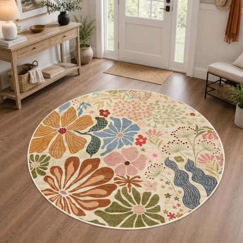 MUJOO Round Rug 4ft Small Circle Area Rug Washable Non Slip Floral Beige - color: Beige, size: 4' (Round)