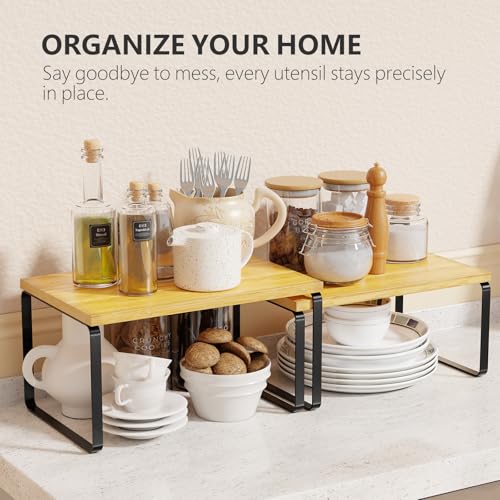 Simple Trending Bamboo Cabinet Organizer Shelf, Set of 2 Kitchen Counter Shelves, Stackable Expandable Spice Rack Kitchen Storage, Black and Natural Beige - size: Set of 2 Shelves