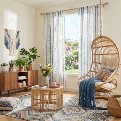Boho Linen Curtains 63 Inches for Living Room, Navy Blue, 2 Panels - color: Blue, size: 52"W x 63"L (Pack of 2)