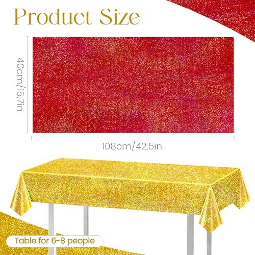 Red & Gold Carnival Laser Tablecloth 40" x 108" Shining Christmas Holiday Holographic Table Cloth Birthday Graduation Party Table Cover Plastic Foil Party Supplies For Anniversary Baby Shower - color: Red & Gold