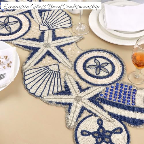 Beaded Table Runner - Handmade Glass Beads & Polyester Runner for Coffee & Dining Table, Elegant Star Pattern Decor for Home, Wedding, Holiday, Coastal or Boho Theme (Blue White) - ALPHA Living HOME - color: Navy Ivory