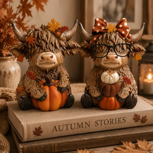 Karenhi 2 Pcs Fall Highland Cow Figurines Resin, Autumn Tabletop Decor - style: Autumn