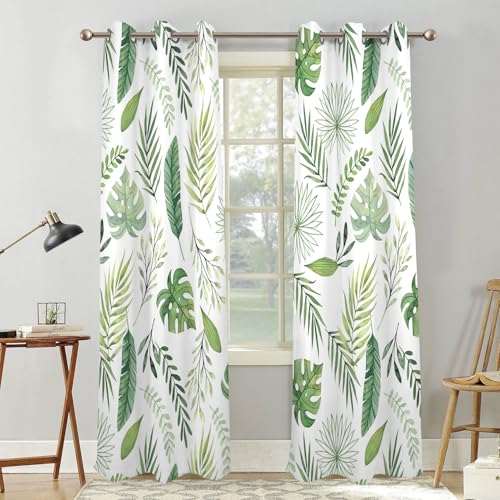 Watercolor Green Tropical Leaf Window Curtains Set 2 Panels 45" L x 29" W - color: Green & White, size: 29"W x 45"L (Pack of 2)