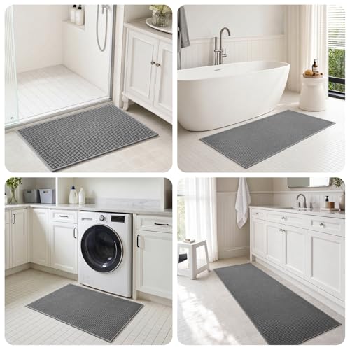 tchdio Bathroom Runner Rug, Absorbent Washable Thin Bath Mat, Non Slip Quick Dry Bath Rugs with Solid Rubber Backing, Low Profile Bath Mat, Grey, 24" x 70" - color: Grey, size: 5'10" x 2' (Rectangular)