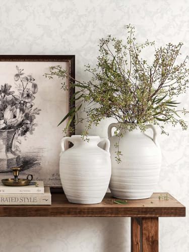White Ceramic Vase with Handles, 9.5Inch, Farmhouse Rustic, Sandstone White - color: Winnie - Sandtone White, size: M(8.8"-9.8")