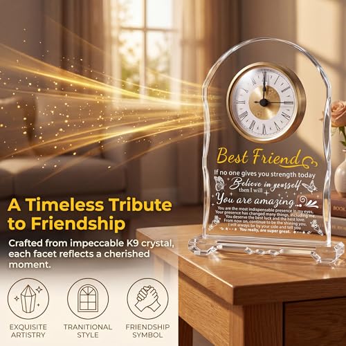 Crystal Clock Gift for Best Friend Women - Engraved Friendship Birthday, Christmas, Graduation Keepsake for Bestie BFF, Coworker, Classmate, Unique Personalized Present - color: Friendship Gifts