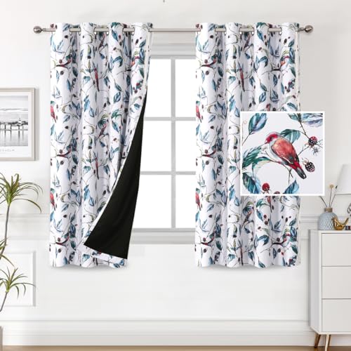 H.VERSAILTEX 100% Blackout Curtains 63 inch Length 2 Panels Set Printed Drapes Thermal Insulated Curtains for Bedroom with Black Liner Sound Proof Curtains, Wild Berry and Bird - color: Wild Berry and Bird, size: 52"W x 63"L (Pack of 2)