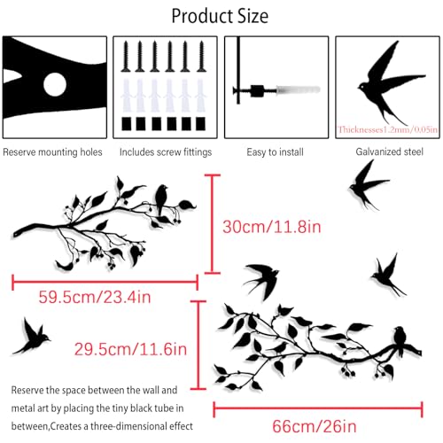 Harikikochuu 4 Pieces Large Birds on Branch Metal Wall Art Decor Swallow Outdoor Wall Art Black Leaves with Birds Silhouette Hanging Wall Sculpture for Balcony Garden Patio Decor (Black) - color: Black