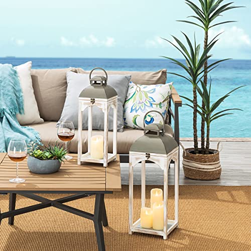 Glitzhome Lanterns Decorative Indoor, 2 Pack Mondern Farmhouse Candle Lanterns,Wooden Hanging Lanterns with Metal Top Floor Candle Lanterns for Home Décor, Weddings, Parties, Holiday (No Glass) - color: Distressed White