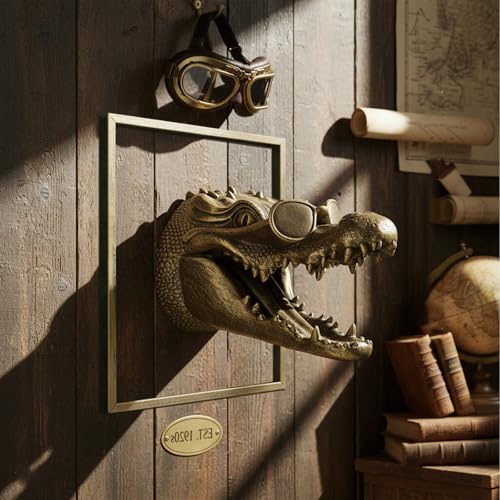 JJALIGHTS Exquisite Resin Animal Head Wall Sculpture (Gift Metal Frame) - Imitation Copper Vintage Decor for Living Room, Bedroom & Office | Decorative Wall Hanging Art (Alligator) - color: Bronze Alligator