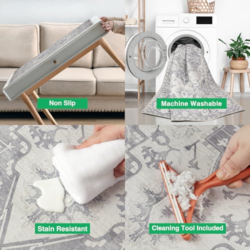 MaxRugrs Washable Runner Rug Non Slip Kitchen Rug Runners for Hallways,Stain Resistant Vintage Floor Carpet Runners for Entryway,Laundry Room,Bedroom-Beside Area Rugs(2'x6',Ivory Grey)