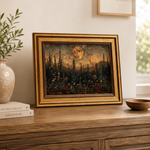 Devunaty Gold Framed Vintage Forest Full Moon Wall Art, Moonlit Pine Tree Wall Decor Paintings,Wildflowers and Mountains Rustic Woodland Nature Landscape Picture Canvas Print for Living Room 12"x16" - color: Moonlit Forest, size: 16"L x 12"W
