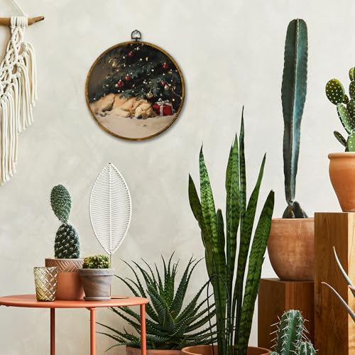 Mcehtle Vintage Golden Retriever Christmas Wall Art Decor, Christmas Tree Farm Framed Canvas Prints 10x10, Cozy Xmas Dog Round Wall Hanging Artwork Decorations for Home Bedroom Room - color: Colour 14