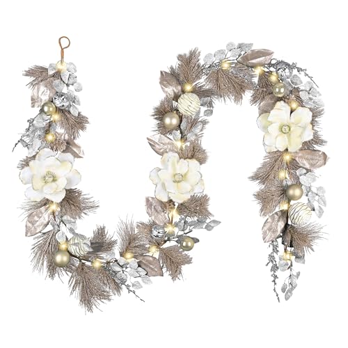 Valery Madelyn 9 Feet Pre-Lit Christmas Garland with White Gold Flower - color: Champagne Gold, size: 9 feet