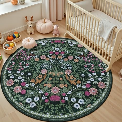 PLHXFR Round Area Rug Living Room: 6 ft Floral Washable Carpet Dark Green - color: Dark Green, size: 6' (Round)