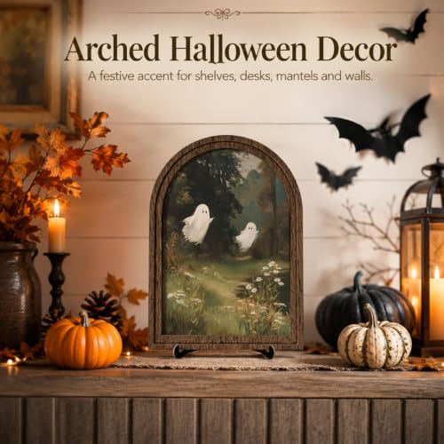 Cute Woodland Ghosts Arched Wood Frame Tabletop Decor, Halloween Wall Art - color: Color 13