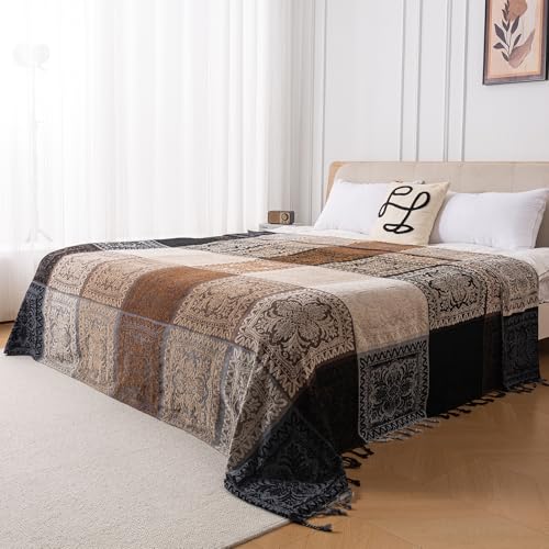 Boho Throw Blanket, Chenille Jacquard Tassels Throw Blankets for Bed Couch Soft Chair, Bohemian Fringe Tassels (Black, Large 86 * 102Inches) - color: Mocha Noir, size: 87" x 102"