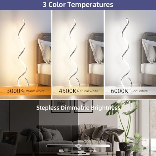 ADISUN LED Modern Floor Lamp for Living Room, Spiral Floor Lamp for Bedroom, 48W Dimmable Floor Lamps for Living Room Office Dining Room-Silver Remote Control - color: Silver