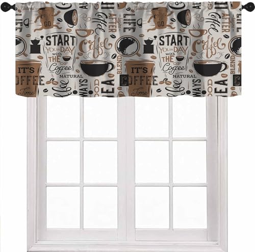 Coffee Valance Curtains, Fun Running Cup Coffee Beans Beige Retro Window Treatment Valance for Kitchen Dinning Room Living Room Cafe, 54x18 Inch - color: Coffee-1, size: 53"W x 18"L (Pack of 1)