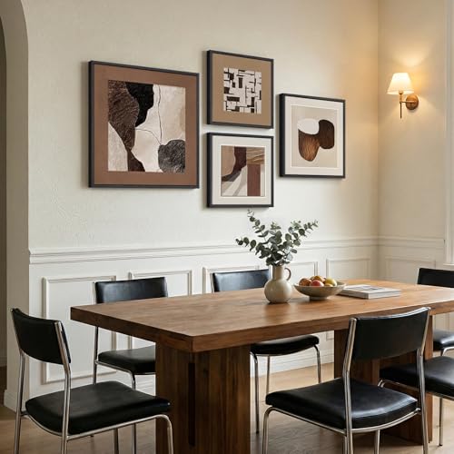 Large Framed Neutral Brown Abstract Wall Art for Living Room, 4 Piece Set
