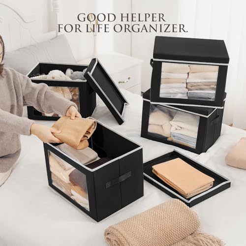 Homsorout Stackable Storage Bins with Lids - Large Decorative Basket with Lids, Fabric Foldable Closet Organizer Bins, Shelf Organizer for Living Room, Dorm, 5 Pack, Black - color: Black, size: XL(5-Pack)