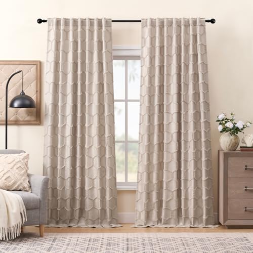 Taupe Hexagon Curtains 90 Inches Long 2 Panels Fluffy Geometric Tufted Curtains Rod Pocket Back Tab Moroccan Tile Decor Privacy Light Filtering Semi Sheer Window Drapes for Dining Living Room, 52x90 - color: Taupe, size: 52"W x 90"L (Pack of 2)