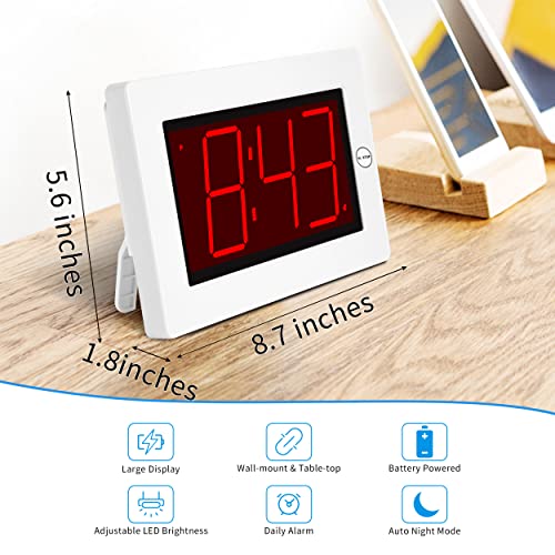 KWANWA Large Digital Alarm Clock, 3" LED Display Battery Operated, Dimmable Auto Night Mode, Easy to Read for Seniors Visually Impaired, Cordless Wall Clock or Table Clock for Bedroom Kitchen Office - color: White Case-red Led Digit
