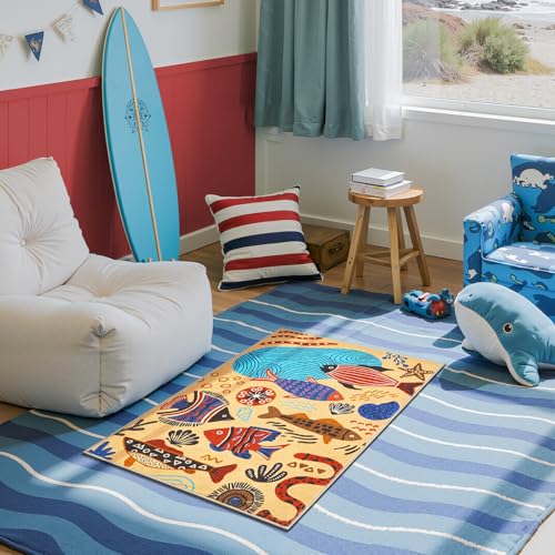 jinchan 2x3 Coastal Area Rug Washable Kids Rug Colorful Ocean Fish Mat, Tan - color: Undersea Stroll Light Taupe, size: 2' x 3' (Rectangular)