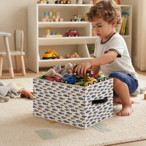 Navy Blue Coastal Beach Fish Storage Basket Organizer - color: Fish